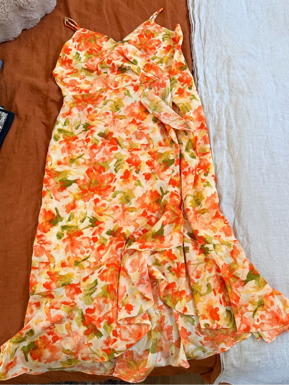 Chelsea28 Orange & Green Floral Ruffle Maxi Dress